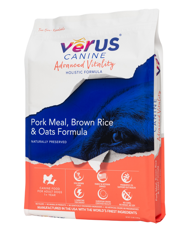 VēRUS Canine Advanced Vitality Pork Meal, Brown Rice & Oats Holistic Formula Dog Food (25 lb)